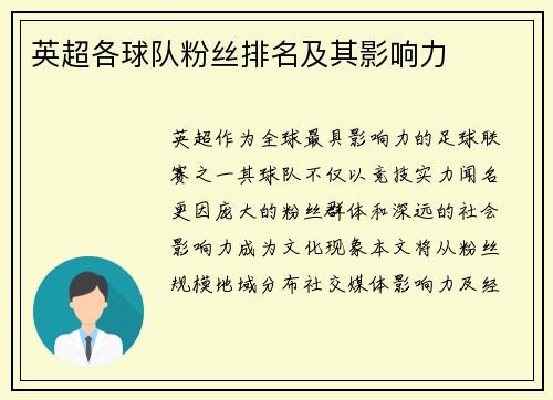 英超各球队粉丝排名及其影响力